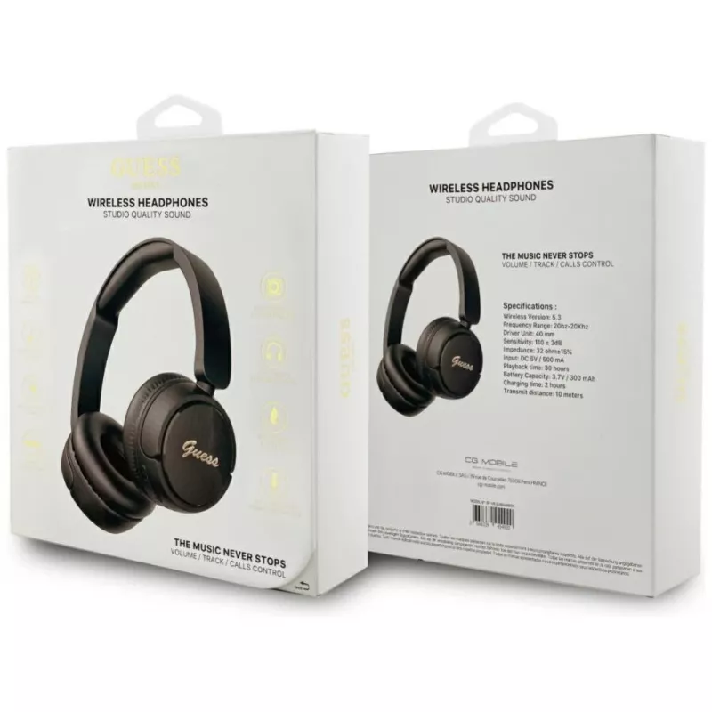 Guess Metal Logo Script belaidės ausinės Bluetooth 5.3, uždedamos ant galvos, juodos