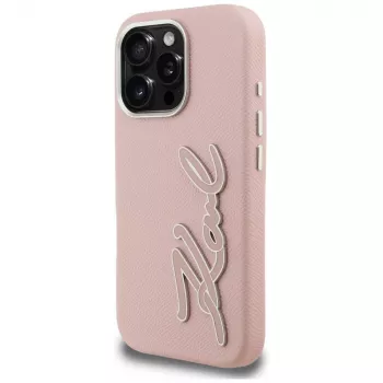 KARL LAGERFELD FW Grūdėtos tekstūros firminis logotipas kietas dėklas iPhone 16 Pro, rožinis