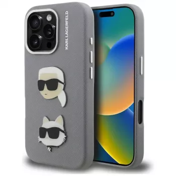 KARL LAGERFELD FW Grūdėtas Karl & Choupette Galvos Smeigtukų Dėklas, skirtas iPhone 16 Pro Max, Pilka