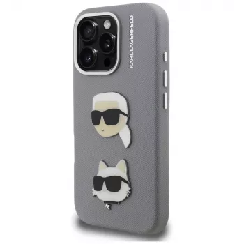 KARL LAGERFELD FW Grūdėtas Karl & Choupette Galvos Smeigtukų Dėklas, skirtas iPhone 16 Pro Max, Pilka