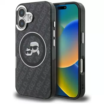 Karl Lagerfeld IML Glitter Karl & Choupette Heads Logo MagSafe Case for iPhone 16, Black