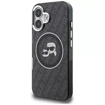 Karl Lagerfeld IML Glitter Karl & Choupette Heads Logo MagSafe Case for iPhone 16, Black