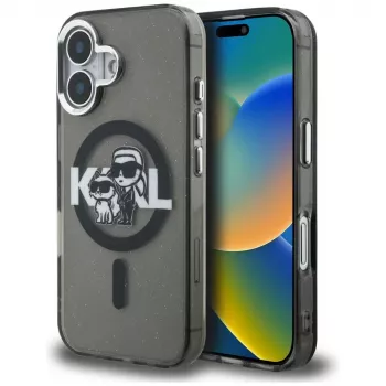KARL LAGERFELD IML Glitter Karl & Choupette Sketch Logo MagSafe Dėklas, skirtas iPhone 16, juodas