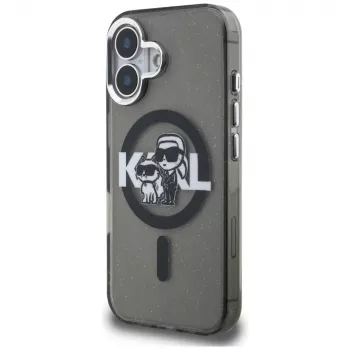 KARL LAGERFELD IML Glitter Karl & Choupette Sketch Logo MagSafe Dėklas, skirtas iPhone 16, juodas