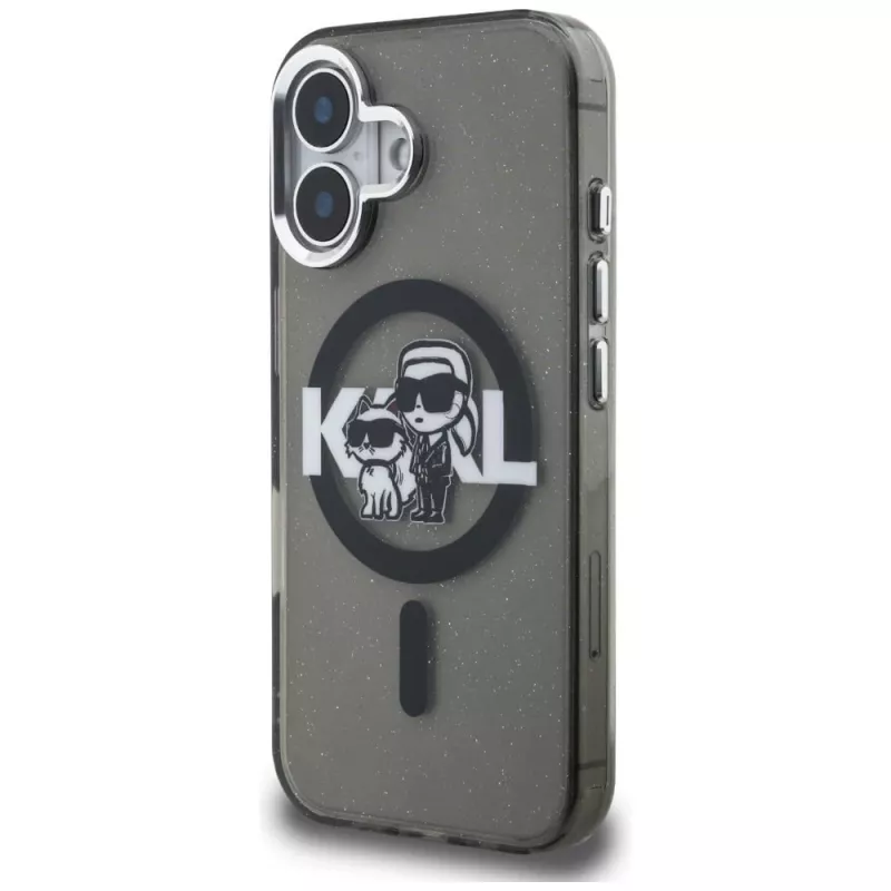 KARL LAGERFELD IML Glitter Karl & Choupette Sketch Logo MagSafe Dėklas, skirtas iPhone 16, juodas