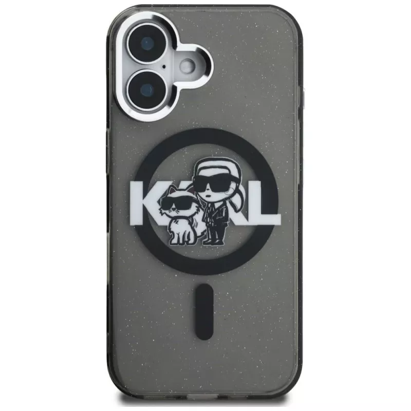 KARL LAGERFELD IML Glitter Karl & Choupette Sketch Logo MagSafe Dėklas, skirtas iPhone 16, juodas