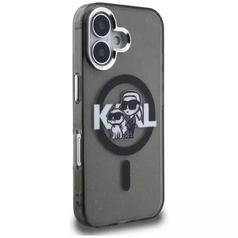 KARL LAGERFELD IML Glitter Karl & Choupette Sketch Logo MagSafe Dėklas, skirtas iPhone 16, juodas