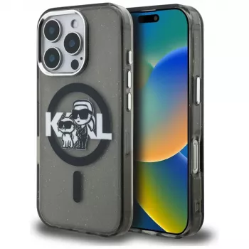 Karl Lagerfeld IML Glitter Karl & Choupette Sketch Logo MagSafe Case for iPhone 16 Pro Black