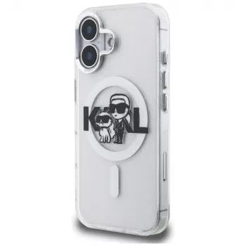 Karl Lagerfeld IML Glitter Karl & Choupette Sketch Logo MagSafe Case for iPhone 16, Transparent