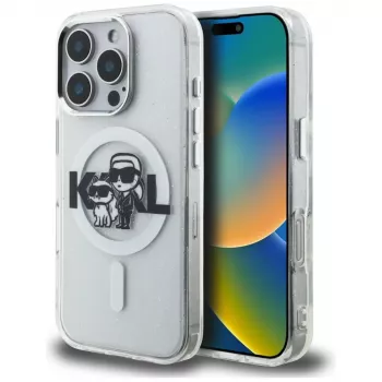 KARL LAGERFELD IML Glitter Karl & Choupette Sketch Logo MagSafe Case, skirta iPhone 16 Pro, permatomas
