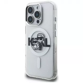 KARL LAGERFELD IML Glitter Karl & Choupette Sketch Logo MagSafe Case, skirta iPhone 16 Pro, permatomas
