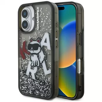 KARL LAGERFELD Liquid Glitter Choupette Logo Dėklas, skirtas iPhone 16, Juodas