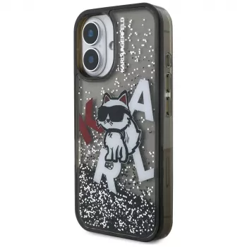 KARL LAGERFELD Liquid Glitter Choupette Logo Dėklas, skirtas iPhone 16, Juodas