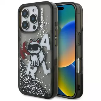 KARL LAGERFELD Liquid Glitter Choupette Logo Case, skirta Apple iPhone 16 Pro Max – juoda