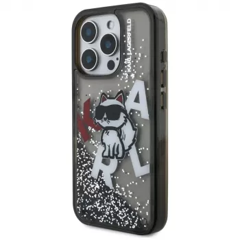KARL LAGERFELD Liquid Glitter Choupette Logo Case, skirta Apple iPhone 16 Pro Max – juoda