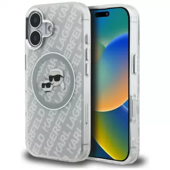 KARL LAGERFELD IML Glitter Karl & Choupette Heads Logo MagSafe Case for iPhone 16, Grey