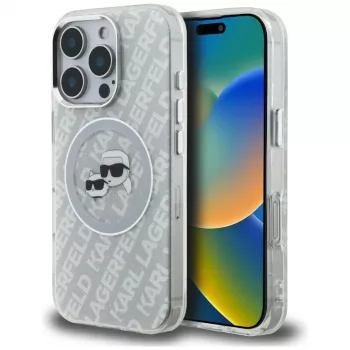 KARL LAGERFELD IML Glitter Karl & Choupette Heads Logo MagSafe Case, iPhone 16 Pro, Pilka