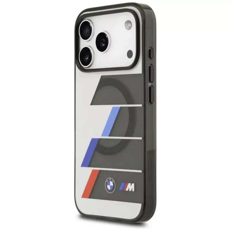 BMW M IML Metal Buttons Tricolor Lines MagSafe Case, skirta Apple iPhone 17 Pro, antracito spalvos