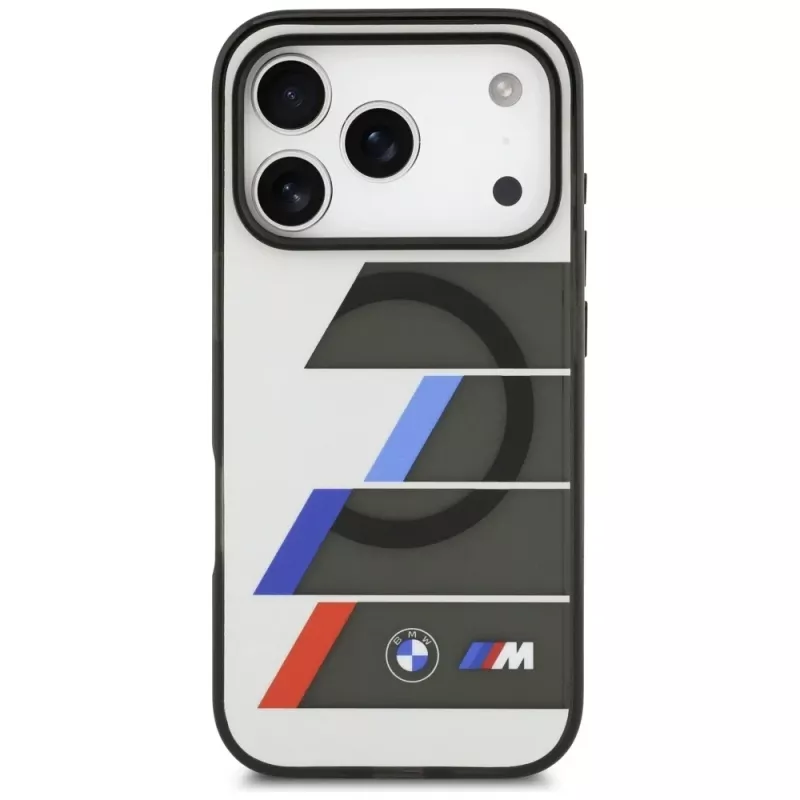 BMW M IML Metal Buttons Tricolor Lines MagSafe Case, skirta Apple iPhone 17 Pro, antracito spalvos