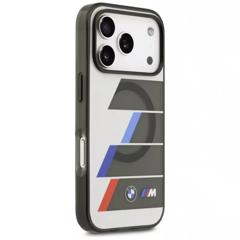 BMW M IML Metal Buttons Tricolor Lines MagSafe Case, skirta Apple iPhone 17 Pro, antracito spalvos