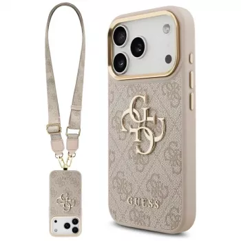 Guess 4G Big Classic Logo Big Strap Metal Buttons Case, skirta Apple iPhone 17 Pro, rožinė