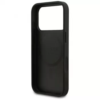 Guess Grained Ring MagSafe Dėklas, skirtas iPhone 17 Pro (Juodas)