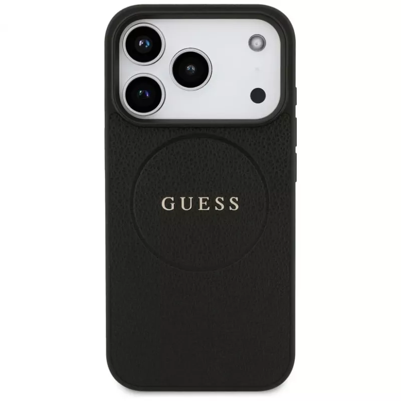 Guess Grained Ring MagSafe Dėklas, skirtas iPhone 17 Pro (Juodas)