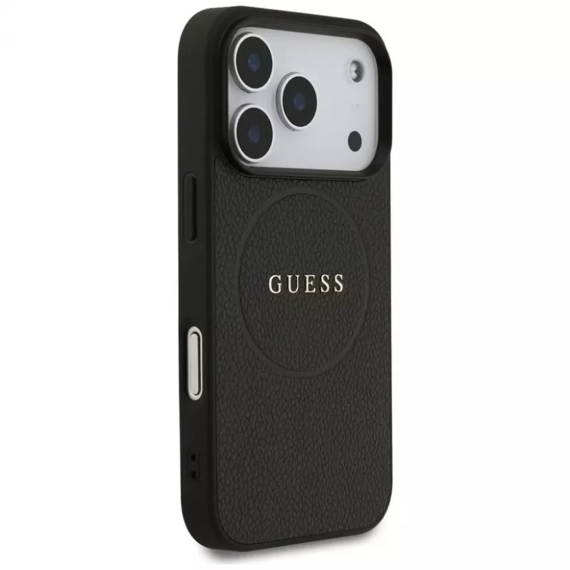 Guess Grained Ring MagSafe Dėklas, skirtas iPhone 17 Pro Max (Juodas)