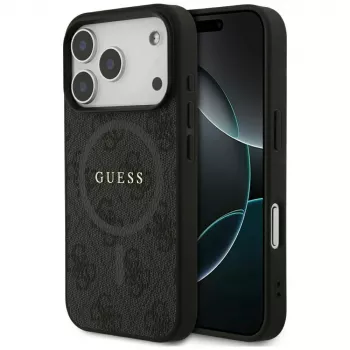 Guess 4G Ring Classic Logo MagSafe Dėklas, skirtas iPhone 17 Pro (Juodas)