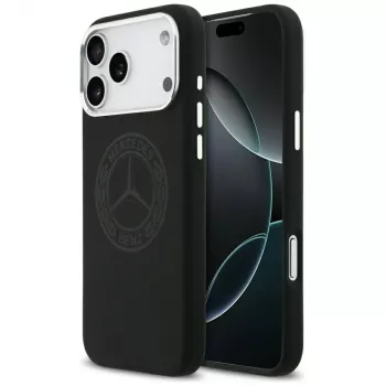 Mercedes silikoninis dėklas su vintage logotipu ir MagSafe, skirtas iPhone 17 Pro Max, juodas