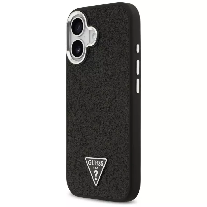 Guess Glitter Triangle Logo MagSafe Dėklas, iPhone 17, Juodas