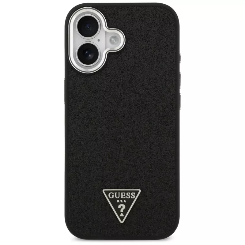 Guess Glitter Triangle Logo MagSafe Dėklas, iPhone 17, Juodas