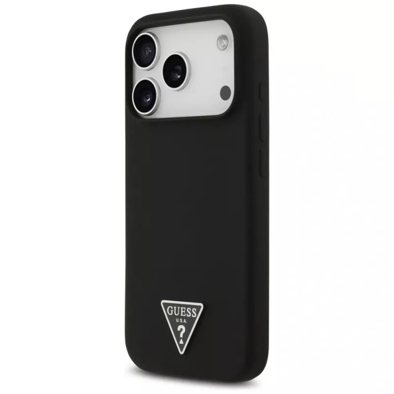 Guess silikoninis dėklas su trikampio logotipu ir MagSafe, skirtas iPhone 17 Pro, juodas