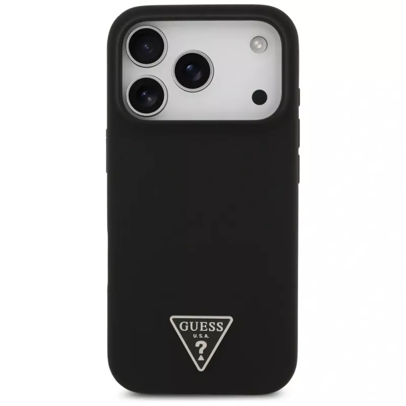 Guess silikoninis dėklas su trikampio logotipu ir MagSafe, skirtas iPhone 17 Pro, juodas