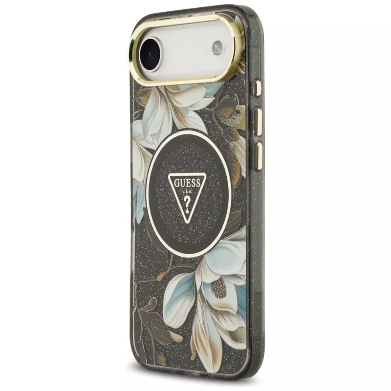 Guess IML Glitter Flowers Triangle MagSafe dėklas iPhone Air - juodas