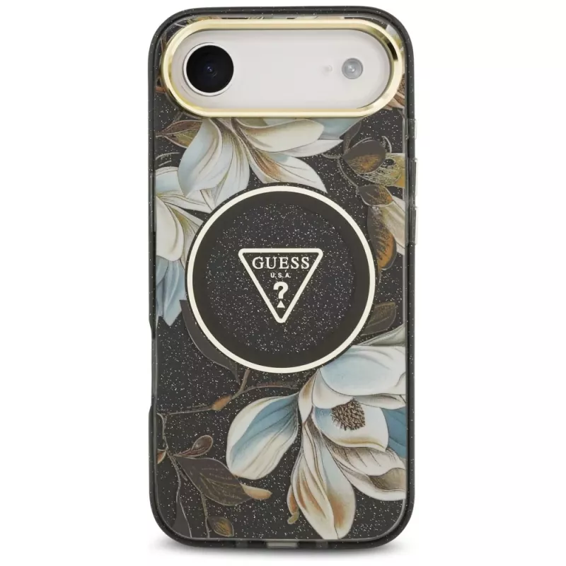 Guess IML Glitter Flowers Triangle MagSafe dėklas iPhone Air - juodas