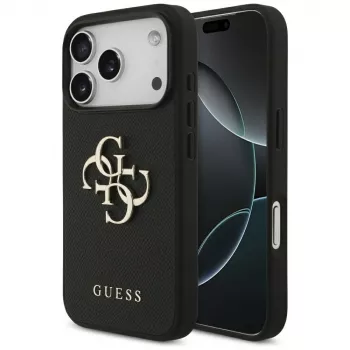 Guess Grained Big 4G & Classic Logo apsauginis dėklas, skirtas Apple iPhone 17 Pro, juodas