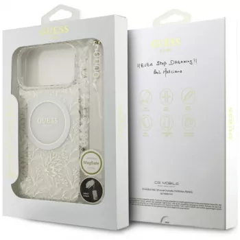 Guess IML Flowers Electro Pearl Strap MagSafe Case iPhone 17 Pro Max White