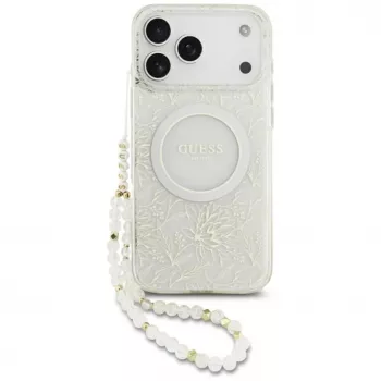 Guess IML Flowers Electro Pearl Strap MagSafe Case iPhone 17 Pro Max White