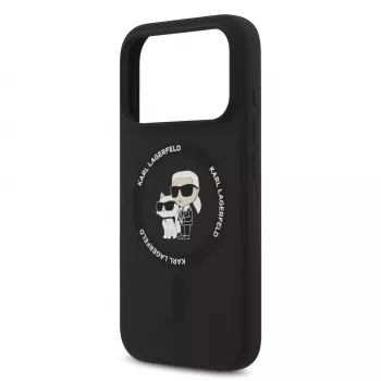 KARL LAGERFELD Silikoninis Karl & Choupette žiedo laikiklio MagSafe dėklas, skirtas Apple iPhone 17 Pro, juodas