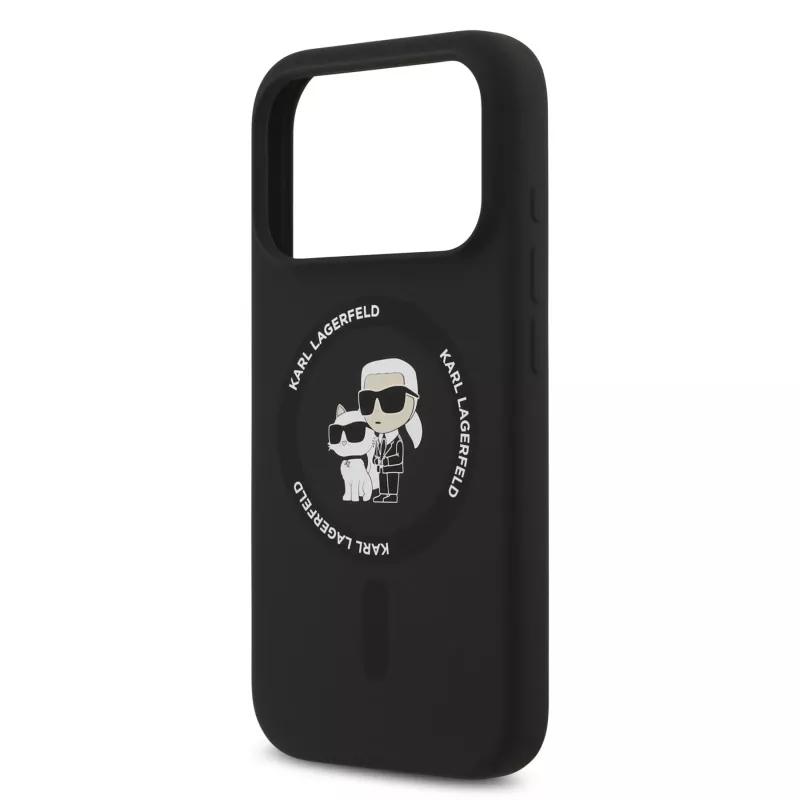 KARL LAGERFELD Silikoninis Karl & Choupette žiedo laikiklio MagSafe dėklas, skirtas Apple iPhone 17 Pro, juodas