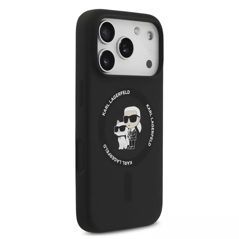 KARL LAGERFELD Silikoninis Karl & Choupette žiedo laikiklio MagSafe dėklas, skirtas Apple iPhone 17 Pro, juodas