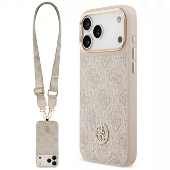 Guess 4G Strass Logo & Big Strap Metal Buttons MagSafe Case for Apple iPhone 17 Pro Max Pink