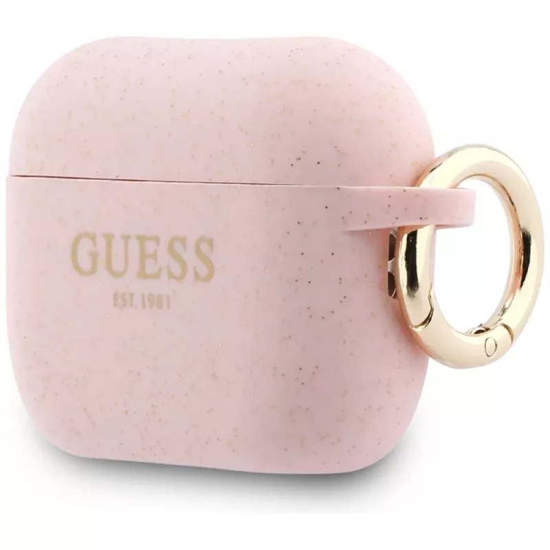 Guess silikoninis blizgus dėklas su žiedeliu AirPods Pro 3, rožinis