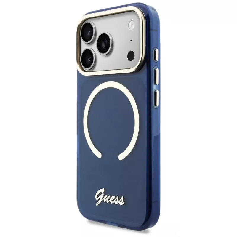 Guess IML Script Metal MagSafe dėklas, skirtas iPhone 17 Pro Max, mėlynas