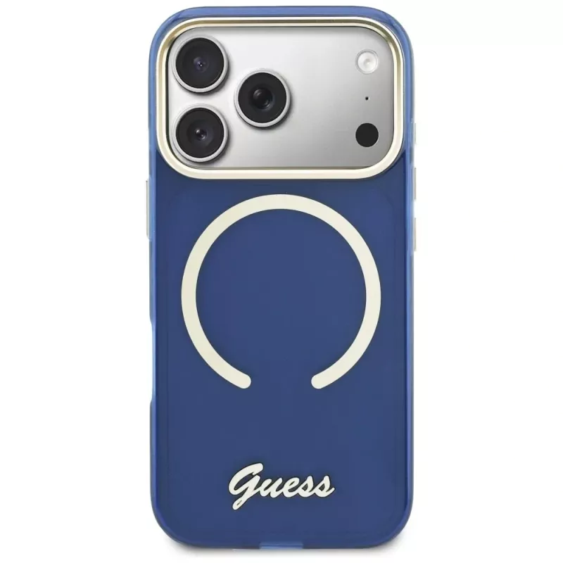 Guess IML Script Metal MagSafe dėklas, skirtas iPhone 17 Pro Max, mėlynas