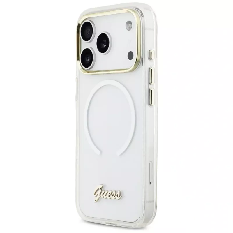Guess IML Gradient Script Metal MagSafe Dėklas Apple iPhone 17 Pro, Baltas