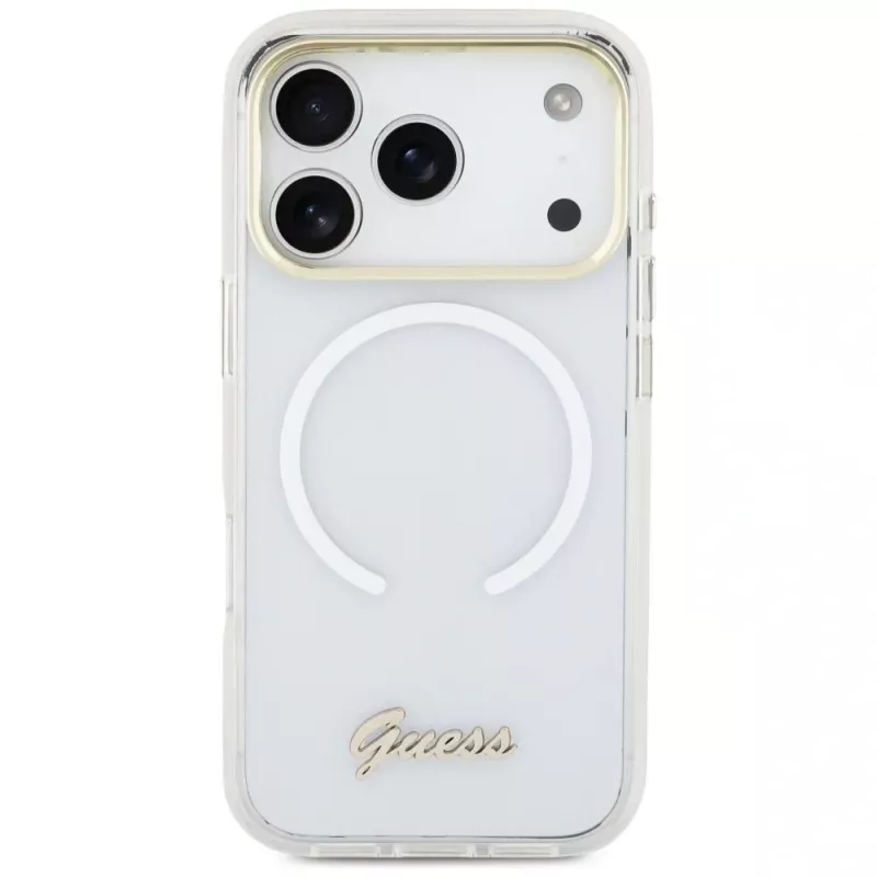 Guess IML Gradient Script Metal MagSafe Dėklas Apple iPhone 17 Pro, Baltas