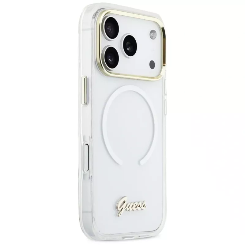 Guess IML Gradient Script Metal MagSafe Dėklas Apple iPhone 17 Pro, Baltas