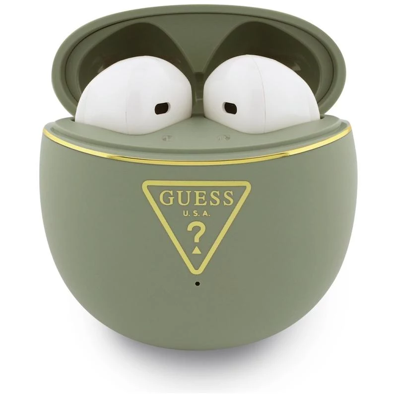 Guess Gold Line Triangle TWS Bluetooth Earbuds su įkrovimo dėklu (Chaki)